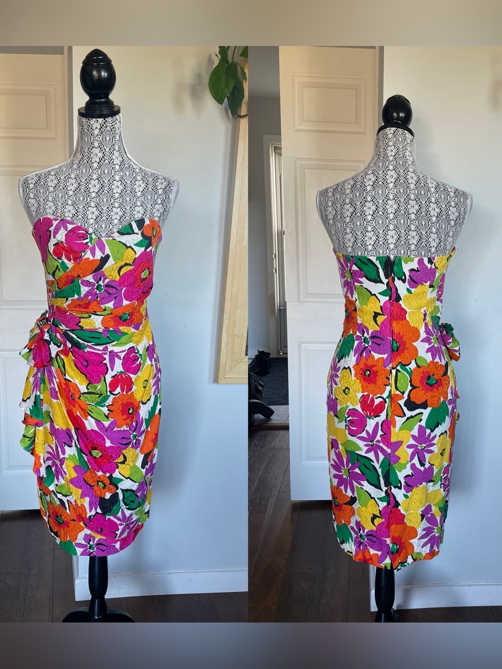Vintage 100% Silk Strapless Floral Wrap Draped Bow Party Dress. Size 7.